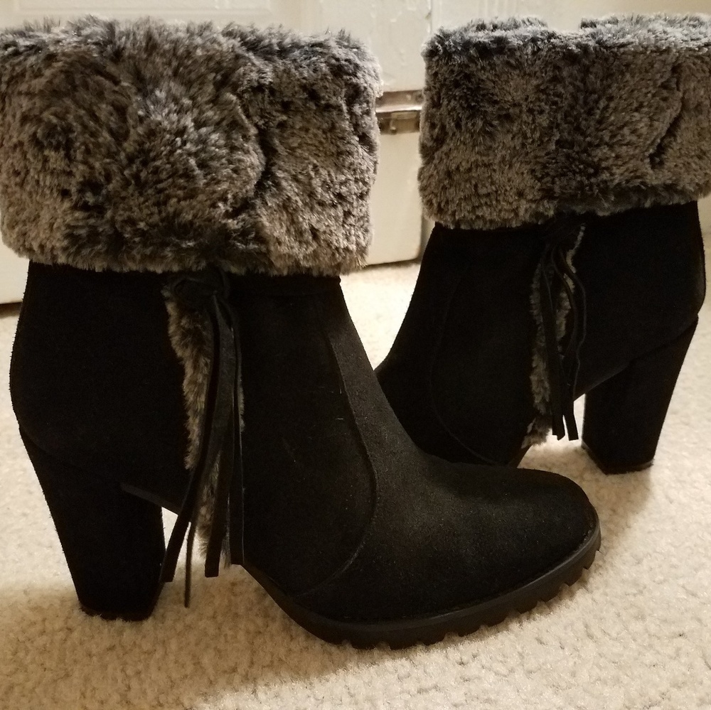 Godiva Suede Bootie Heels with Faux Fur Trim